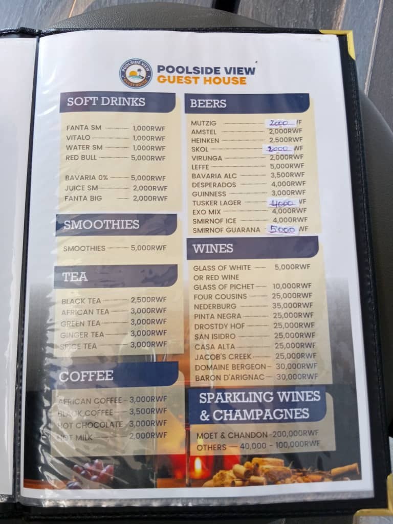 Poolside View Guest House menu page 7: Soft drinks, beers, wines & coffee